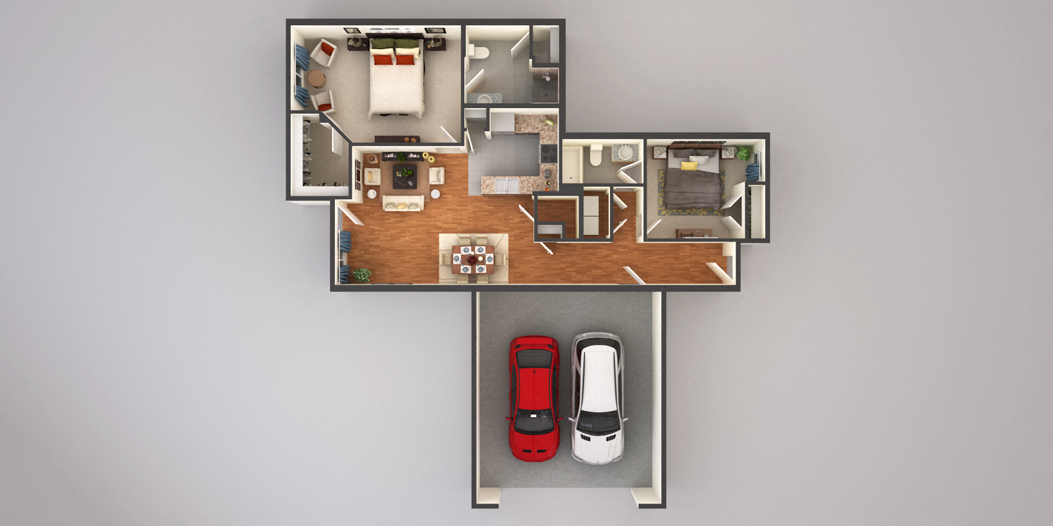 Floor plan for 2 beds, 2 baths, 1330 sqft